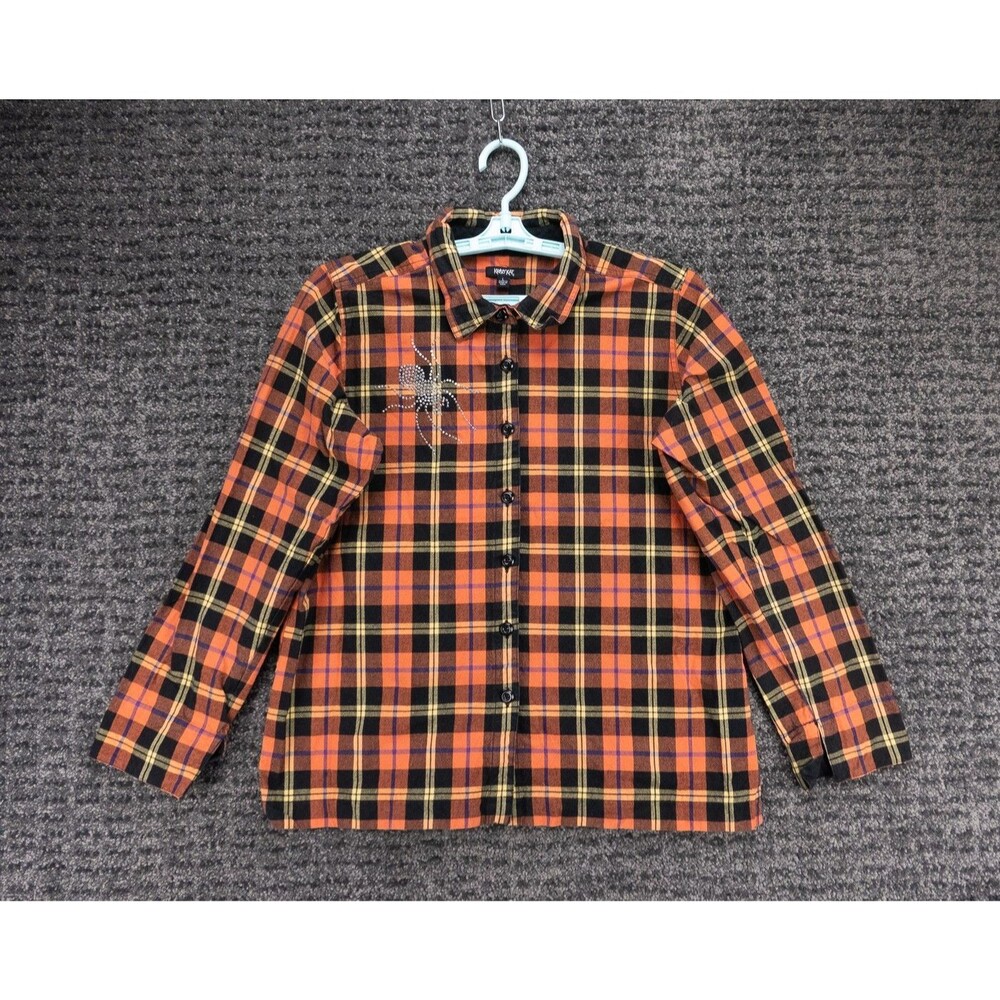Krazy Kat Shirt Womens Large Orange Black Plaid Rhinestone Spider Halloween Fall